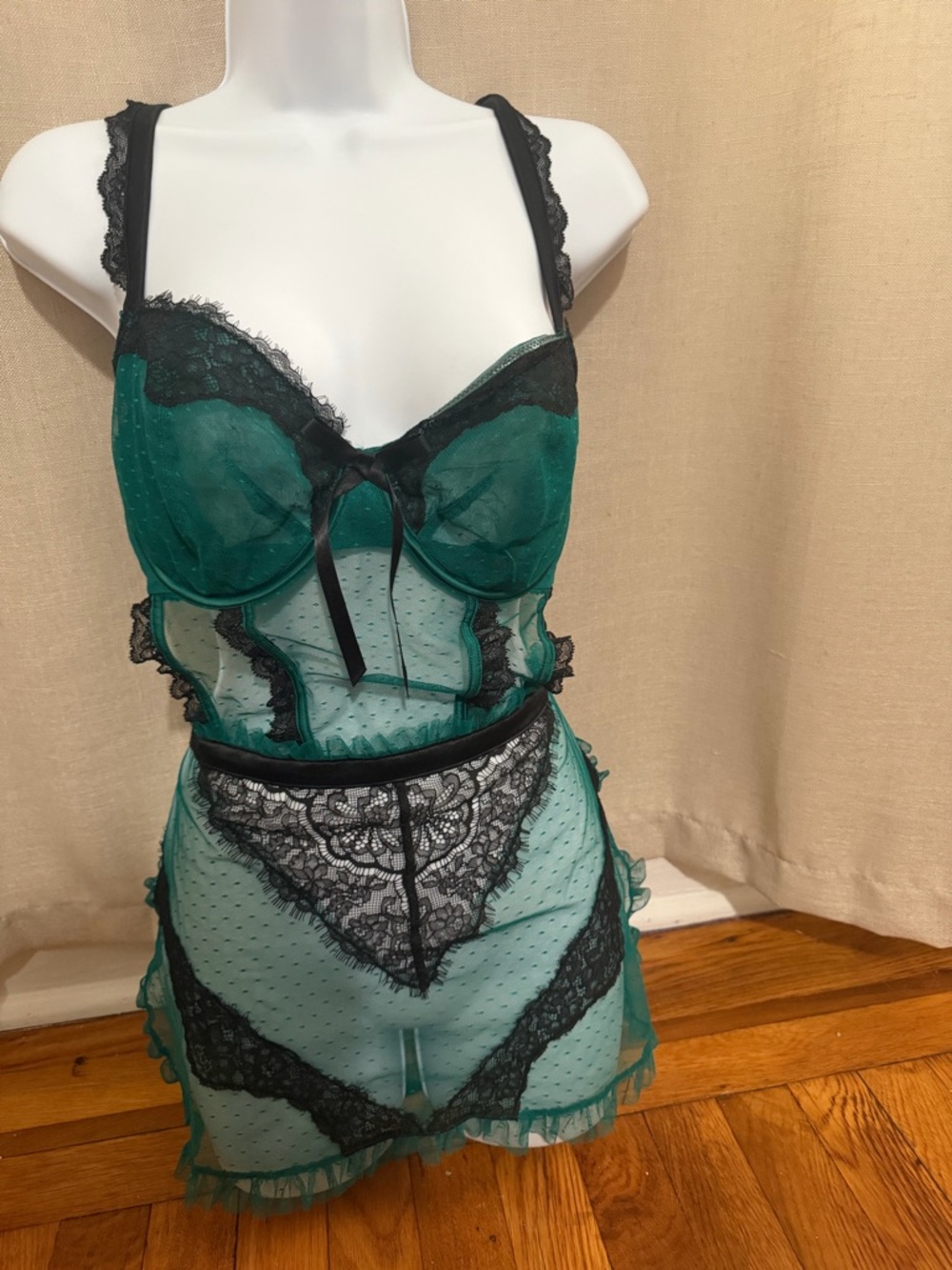 Victoria's Secret Teal and Black Lace Trim Sheer Chemise Set